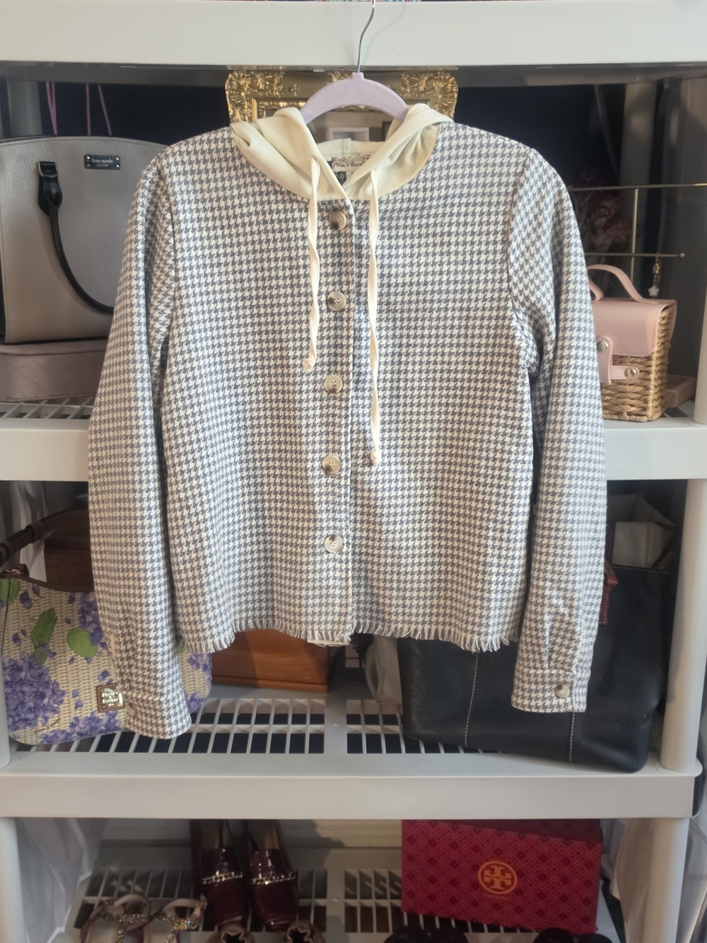 Hem & Thread Cream Hooded Houndstooth Button-Front Jacket
